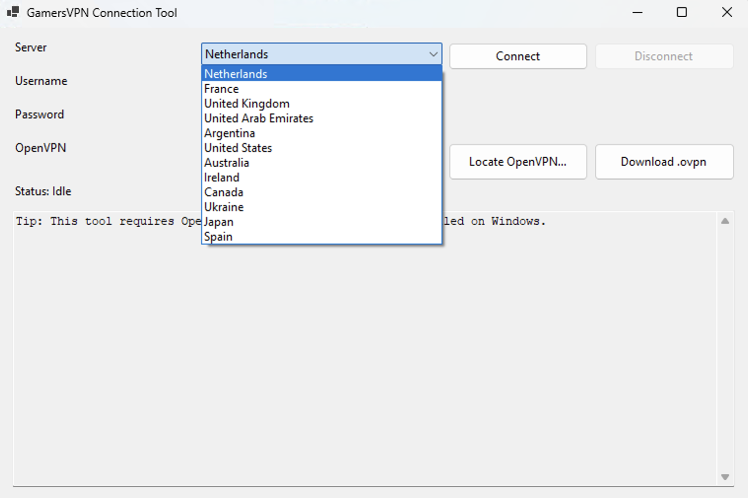 Screenshot of the GamersVPN Windows connection tool showing server selection and connect button